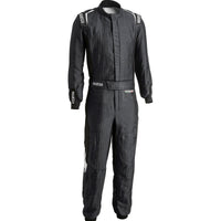Thumbnail for Sparco Eagle LTD Race Suit black front view with HOCOTEX fabric, Sparco shoulder logos, belt closure, and black stretch side panels.
