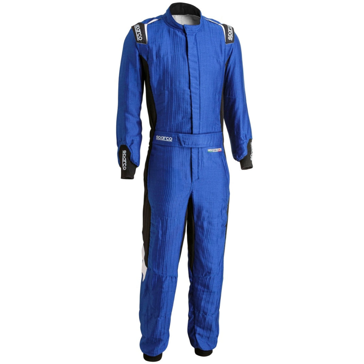 Sparco Eagle LTD Race Suit blue front view with HOCOTEX fabric, Sparco shoulder logos, belt closure, and black stretch side panels.