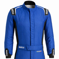 Thumbnail for Sparco Eagle LTD Race Suit blue upper-body detail image showing Sparco shoulder logos, HOCOTEX fabric, belt closure, and black stretch side panels.