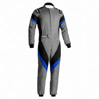 Thumbnail for Sparco Eagle LTD Race Suit in grey, black, and blue front view with HOCOTEX single-layer construction, contrast panels, Sparco shoulder logos, and belt closure.
