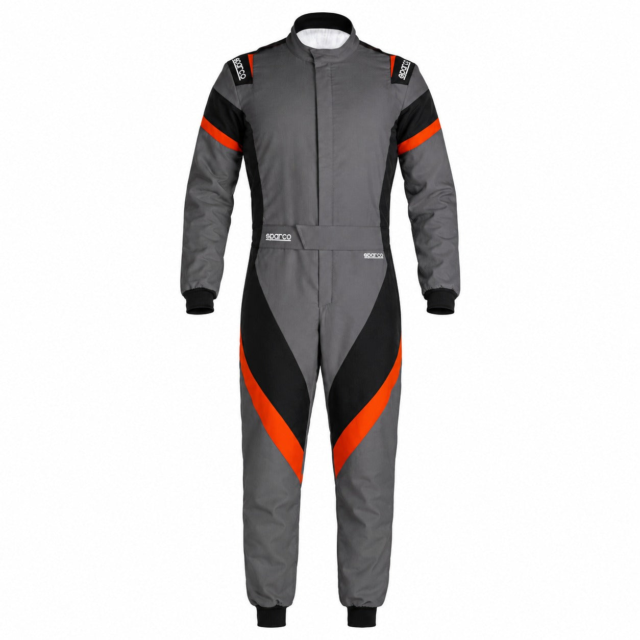 Sparco Eagle LTD Race Suit in grey, black, and orange front view with HOCOTEX single-layer construction, contrast panels, Sparco shoulder logos, and belt closure.