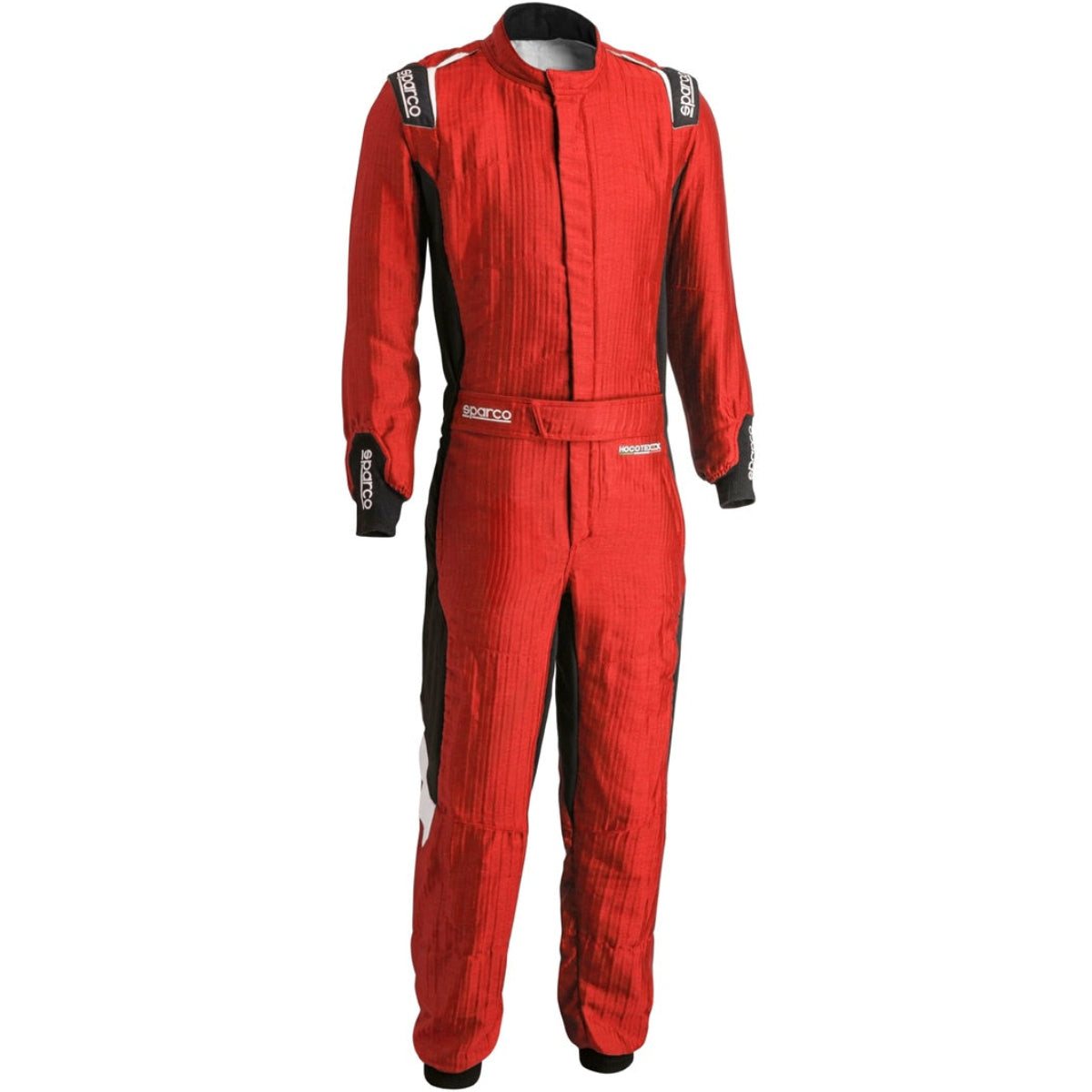 Sparco Eagle LTD Race Suit red front view with HOCOTEX fabric, Sparco shoulder logos, belt closure, and black stretch side panels.