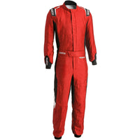 Thumbnail for Sparco Eagle LTD Race Suit red front view with HOCOTEX fabric, Sparco shoulder logos, belt closure, and black stretch side panels.