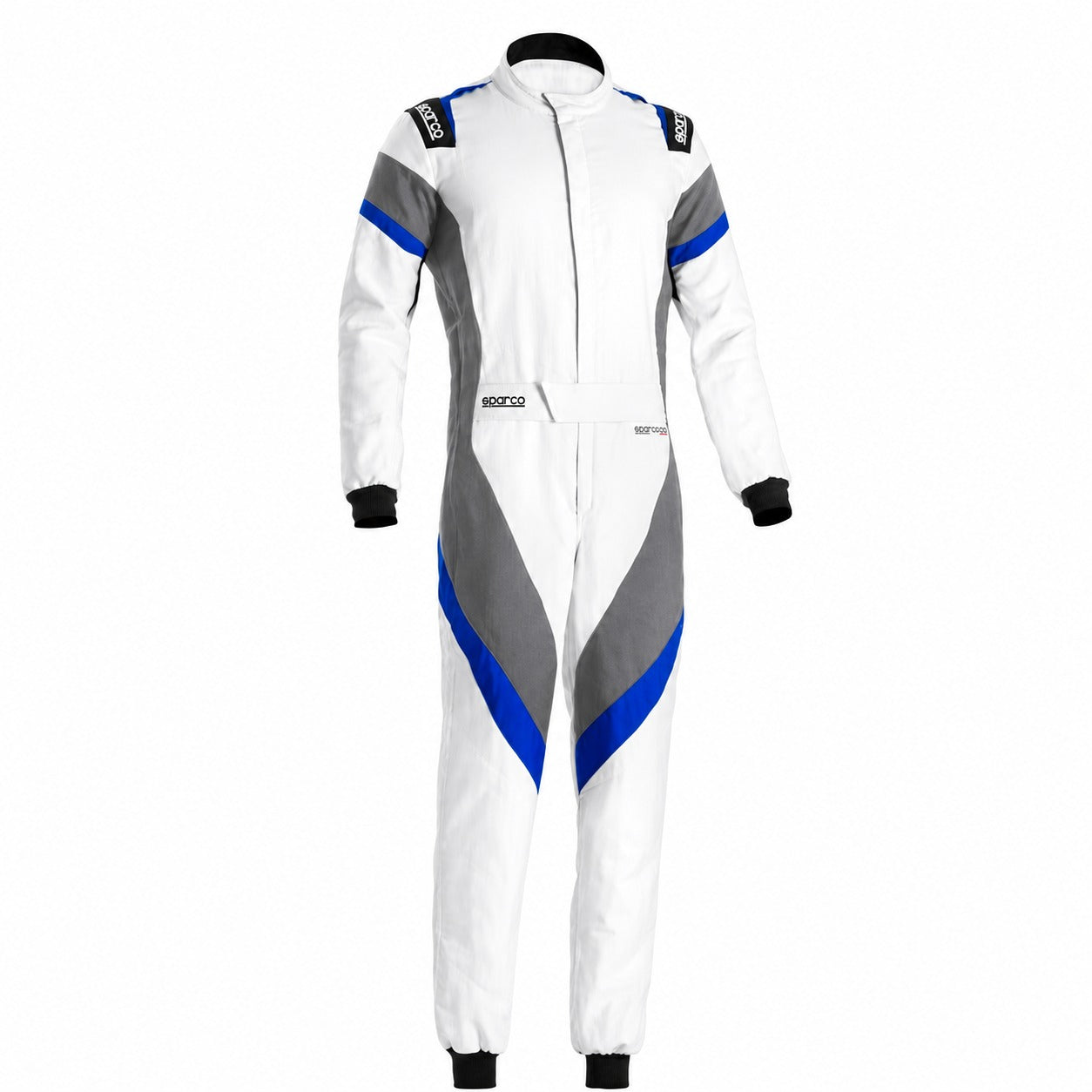 Sparco Eagle LTD Race Suit in white, grey, and blue front view with HOCOTEX single-layer construction, contrast panels, Sparco shoulder logos, and belt closure.