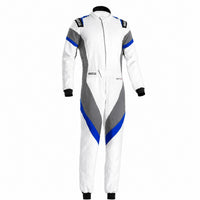 Thumbnail for Sparco Eagle LTD Race Suit in white, grey, and blue front view with HOCOTEX single-layer construction, contrast panels, Sparco shoulder logos, and belt closure.