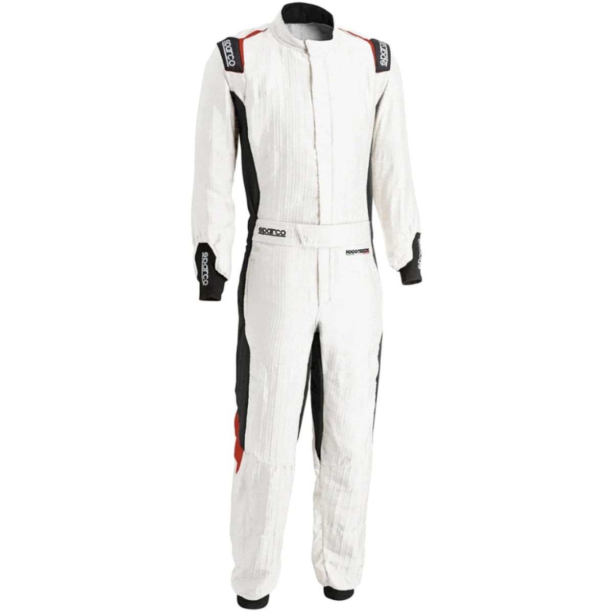 Sparco Eagle LTD Race Suit white and red front view with HOCOTEX fabric, Sparco shoulder logos, belt closure, and black stretch side panels.