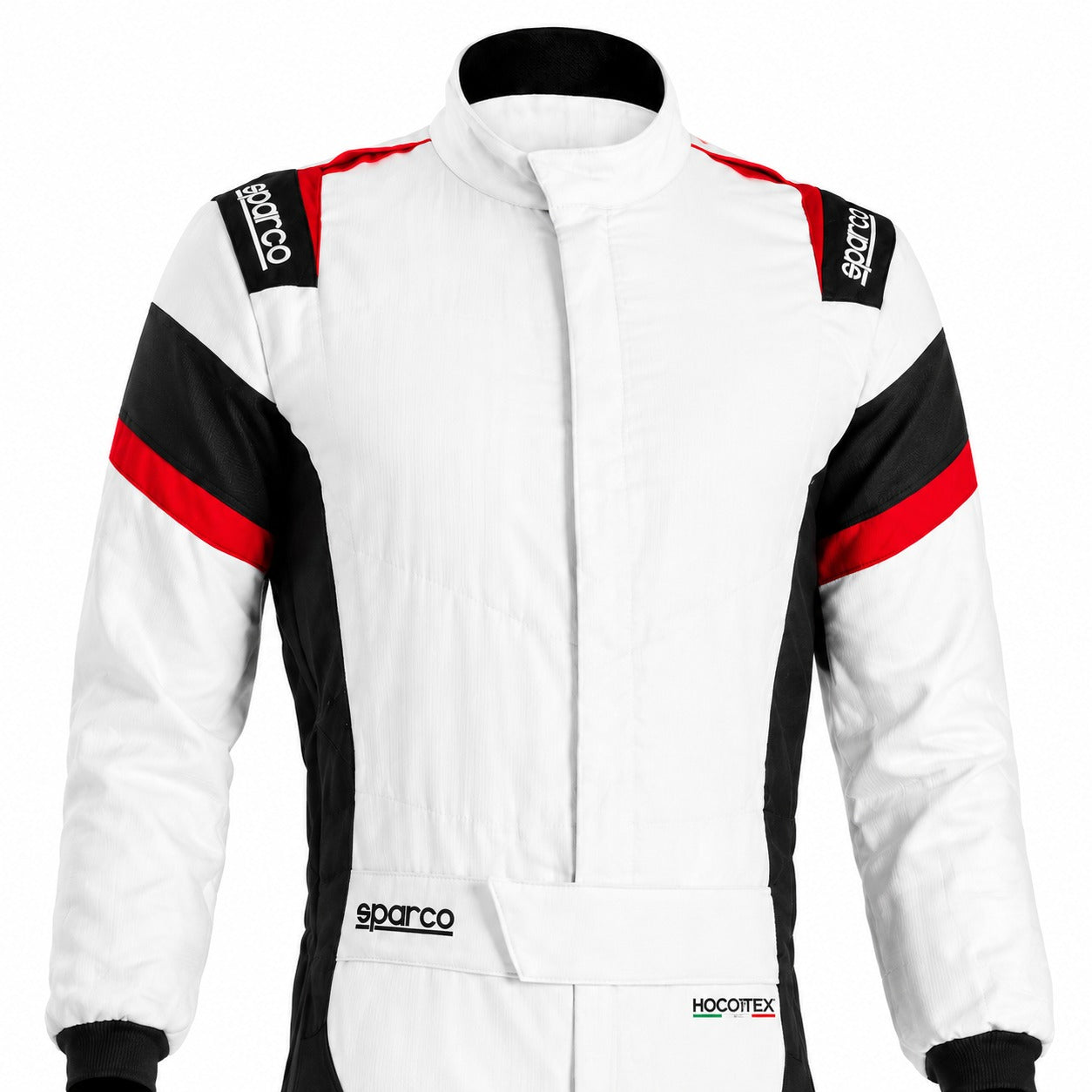 Sparco Eagle LTD Race Suit in white, black, and red shown in a half image for Shopify with HOCOTEX single-layer construction and contrast side panels.