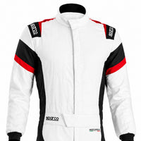 Thumbnail for Sparco Eagle LTD Race Suit in white, black, and red shown in a half image for Shopify with HOCOTEX single-layer construction and contrast side panels.