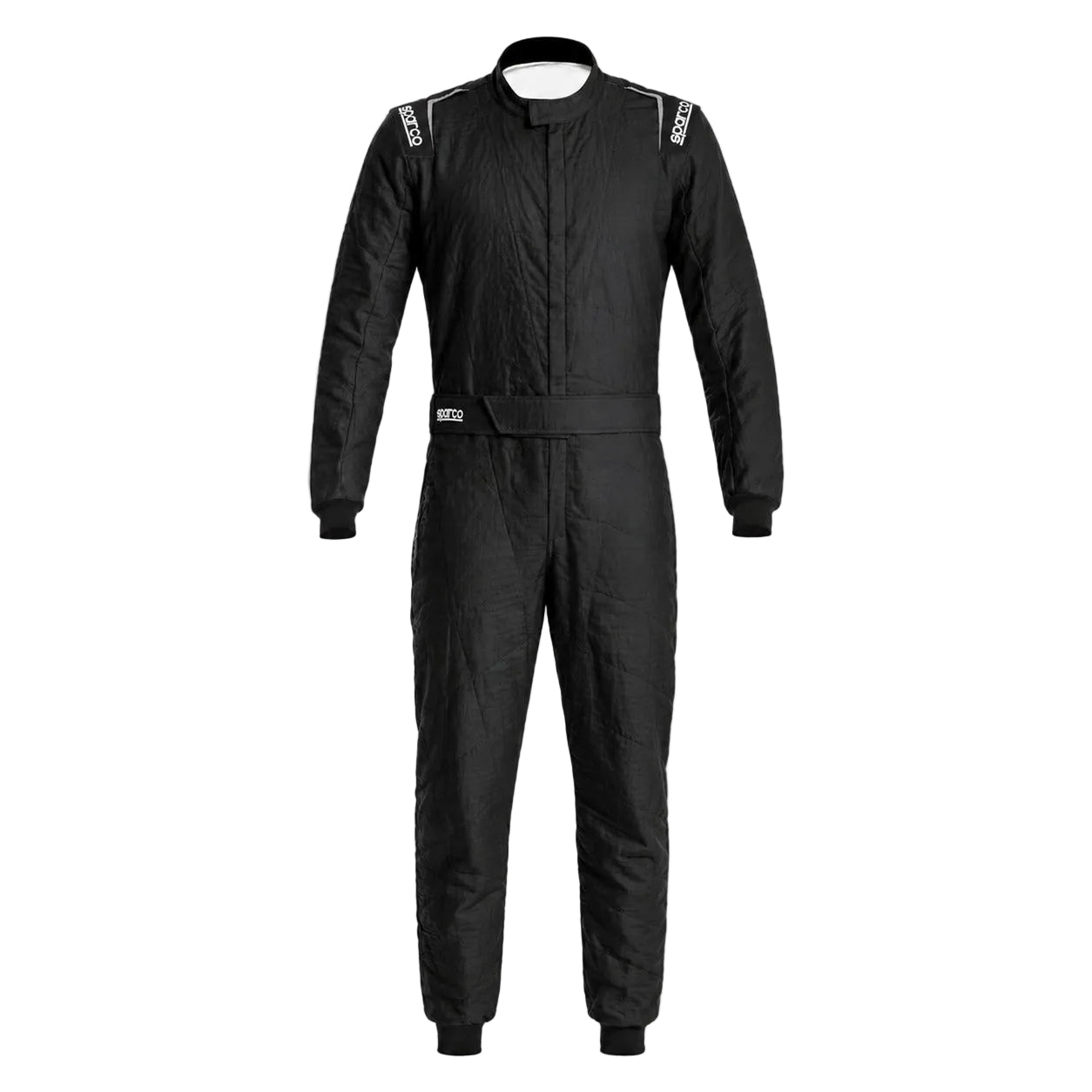 Sparco Extrema S racing suit in white with black Sparco shoulder patches and black cuffs on a white background