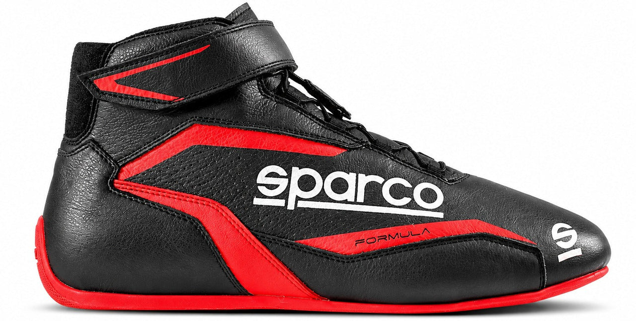Sparco Formula Racing Shoes in black and red, single right-facing racing shoe with ankle strap, Sparco side branding, red sole, red accents, and low-profile motorsport design.
