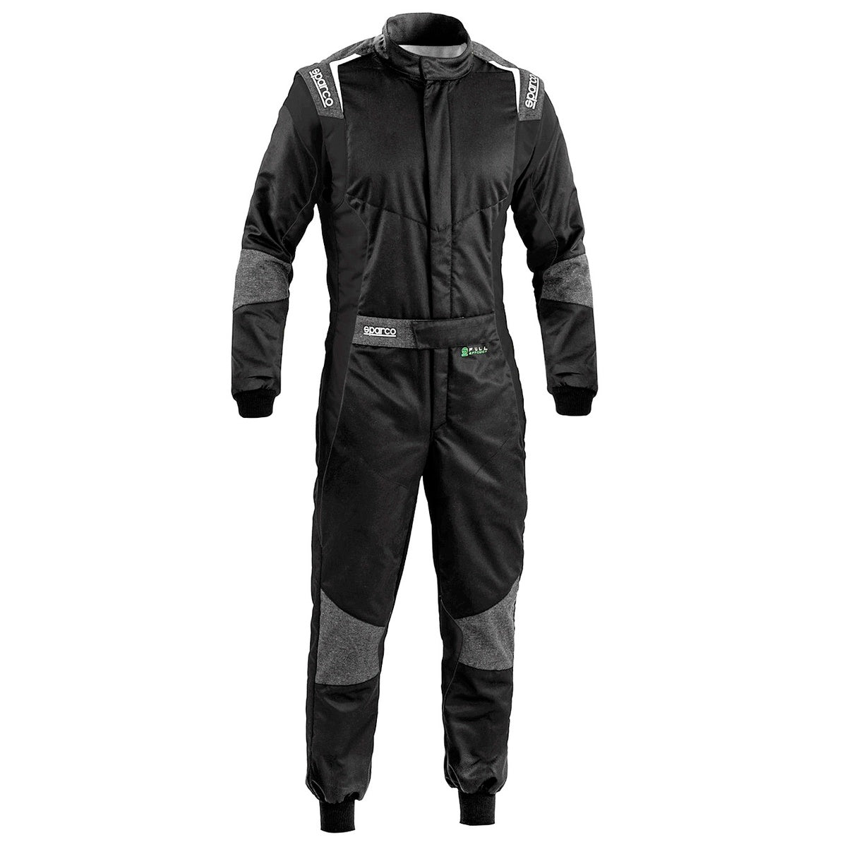 Sparco Futura Driver Race Suit in black and gray, front product view on a white background.