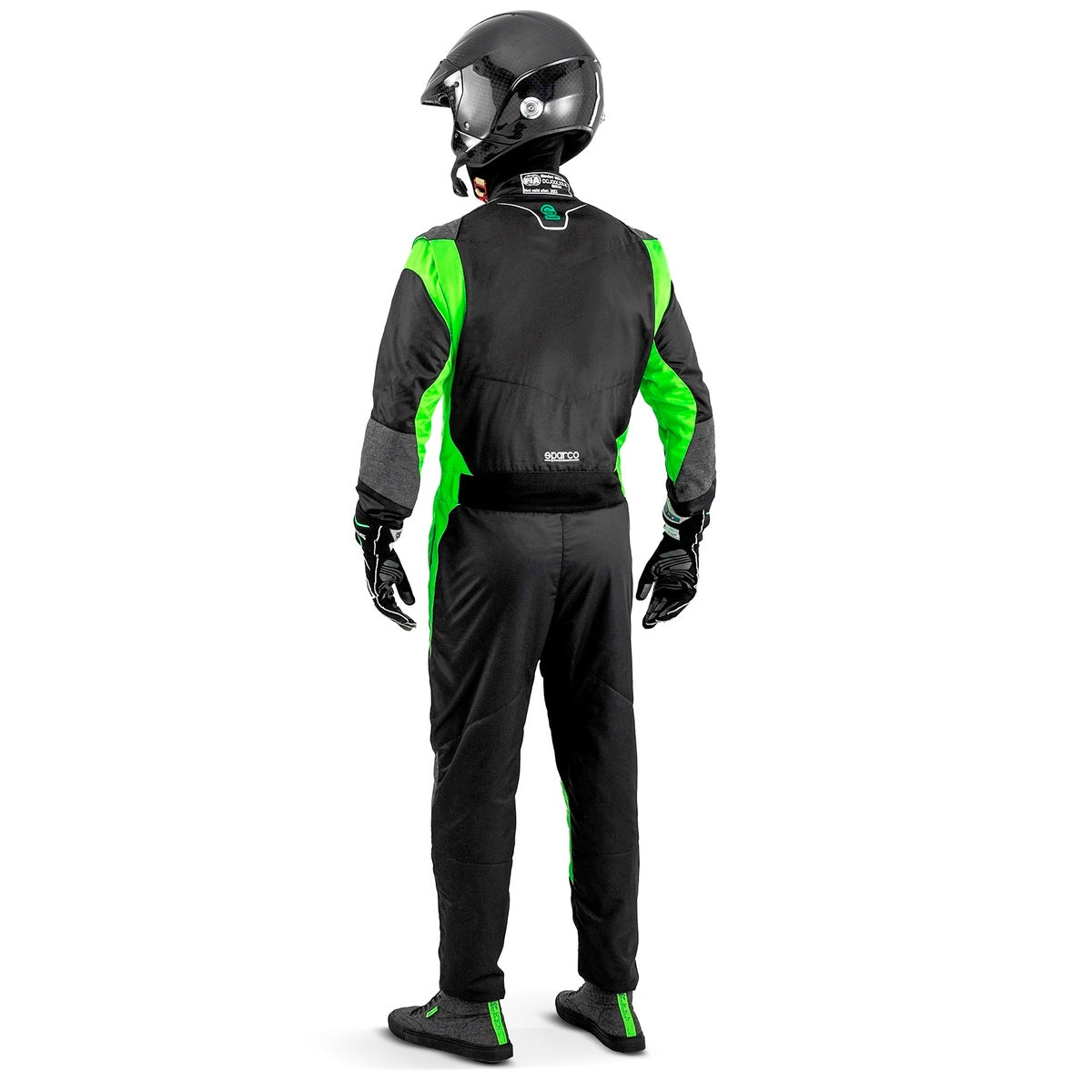 Sparco Futura Driver Race Suit in black and green shown on driver from the back.