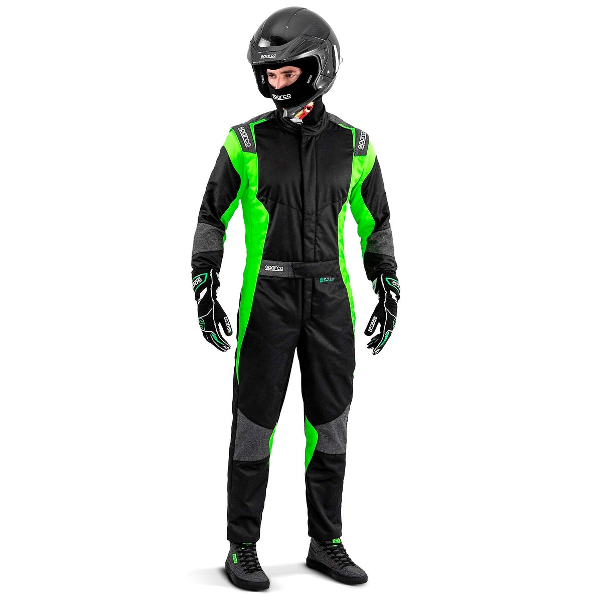 Sparco Futura Driver Race Suit in black and green, front product view on a white background.