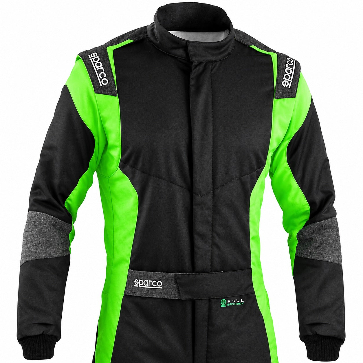 Sparco Futura Driver Race Suit in black and green, front upper-body product view with Full Efficiency regenerated fabric and Sparco shoulder logos.