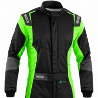 Thumbnail for Sparco Futura Driver Race Suit in black and green, front upper-body product view with Full Efficiency regenerated fabric and Sparco shoulder logos.