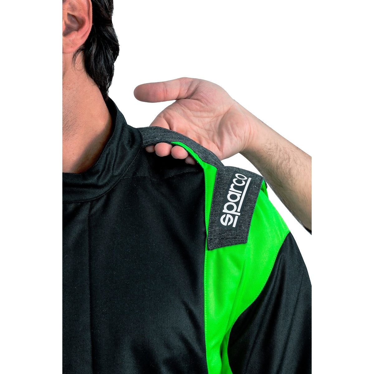 Sparco Futura Driver Race Suit black and green shoulder epaulette detail with Sparco logo.