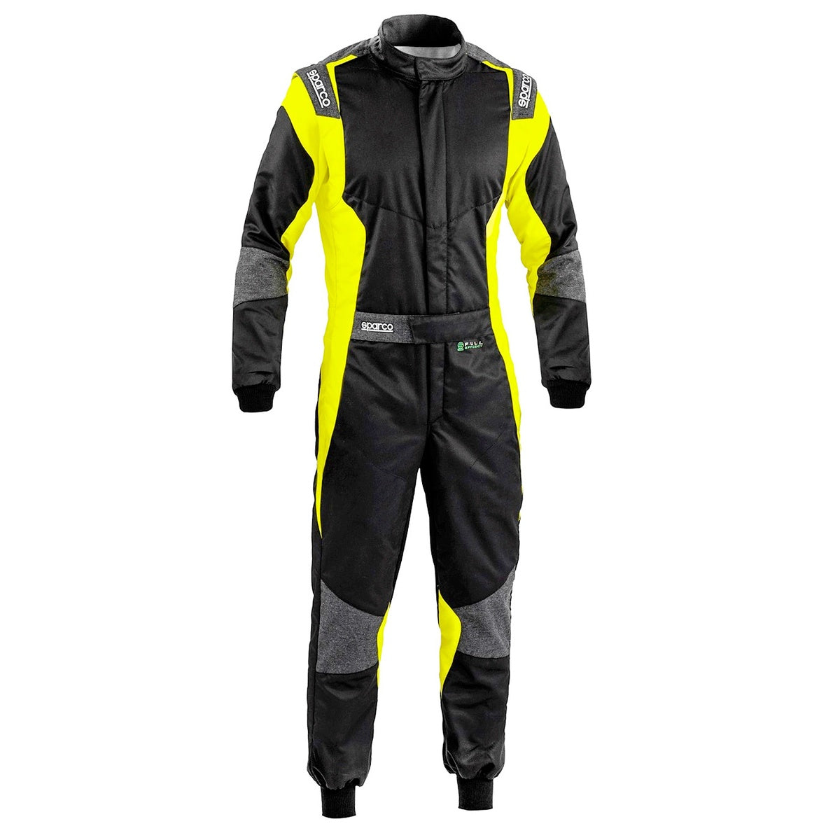 Sparco Futura Driver Race Suit in black and yellow, front product view on a white background.