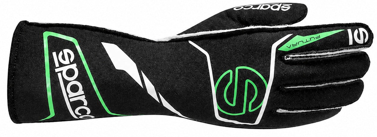 Sparco Futura black and green racing glove facing right on a white background