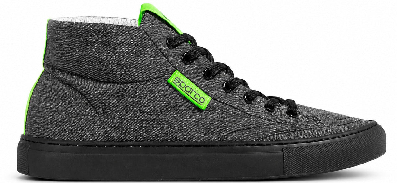 Sparco Futura racing shoe in gray with fluorescent green accents, shown in a right-facing side view on a white background.