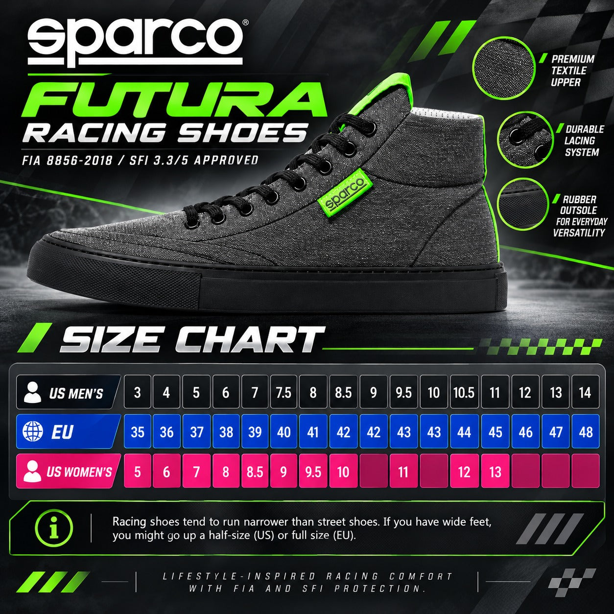 Sparco Futura Racing Shoes sizing chart featuring gray and fluorescent green racing shoes, US men's, US women's, and EU shoe size conversions, FIA 8856-2018 and SFI 3.3/5 certifications.