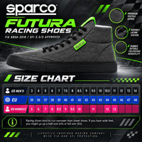Thumbnail for Sparco Futura Racing Shoes sizing chart featuring gray and fluorescent green racing shoes, US men's, US women's, and EU shoe size conversions, FIA 8856-2018 and SFI 3.3/5 certifications.