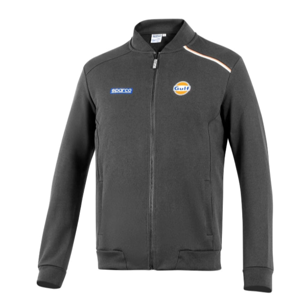 Grey Full-Zip Softshell (front view) — features a smooth, water-repellent grey shell, full-length zip, zippered hand pockets, and Gulf & Sparco logos.