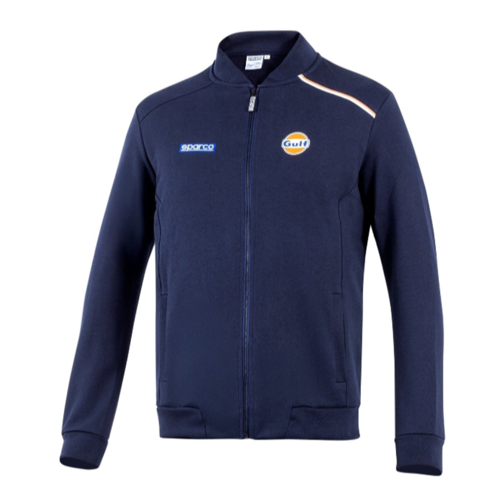 Navy Full-Zip Softshell (front view) — built from water-resistant navy fabric with fang-inspired orange/white shoulder piping, full zip, and branded pockets.