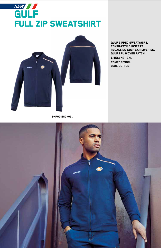 Front and back views of the Sparco Gulf Full Zip Sweatshirt in navy cotton, featuring contrasting orange-white piping and Gulf TPU patch.-Image