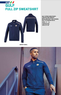 Thumbnail for Front and back views of the Sparco Gulf Full Zip Sweatshirt in navy cotton, featuring contrasting orange-white piping and Gulf TPU patch.-Image