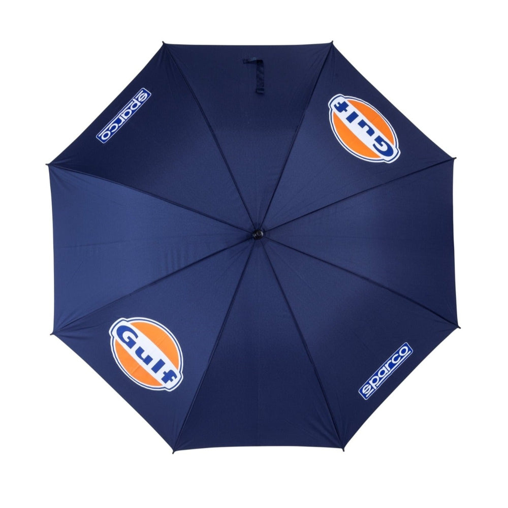 Top-down view of Sparco Gulf Golf Umbrella featuring navy canopy with Gulf and Sparco logos in digital 