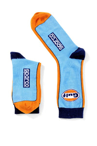 Thumbnail for Top-down view of the Gulf Heritage Socks by Sparco, highlighting both logo placements and the vibrant retro racing color scheme.