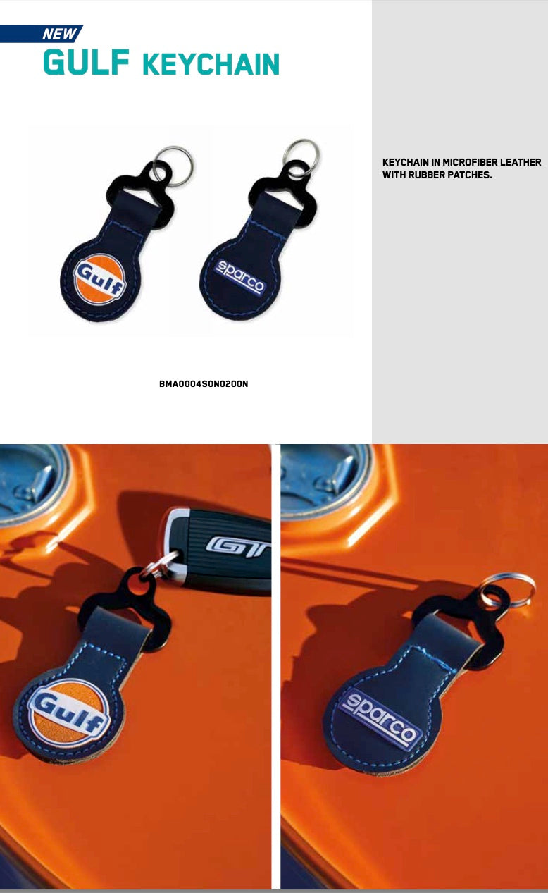 Sparco Gulf Keychain with microfiber leather construction and rubber Gulf and Sparco logo patches shown on both sides
