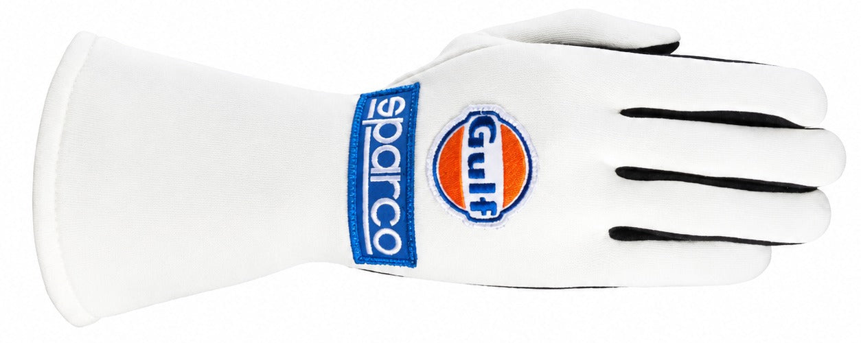 Sparco Gulf white Nomex racing glove facing right on a white background