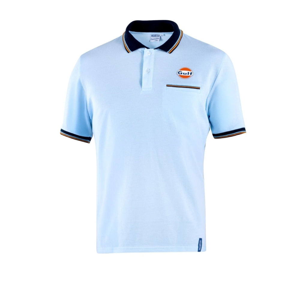 Front view of celeste blue Sparco Gulf Polo Piquet Pocket with Gulf chest logo and striped collar

