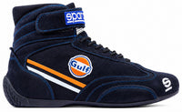 Thumbnail for Sparco Gulf Racing Shoes in navy blue, single right-facing high-top racing shoe with Gulf logo, orange and white side stripe, blue stitching, ankle strap, and Sparco branding.