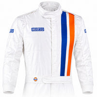 Thumbnail for Sparco Gulf racing suit upper torso in white with blue and orange chest stripes, Gulf waist logo, and Sparco branding