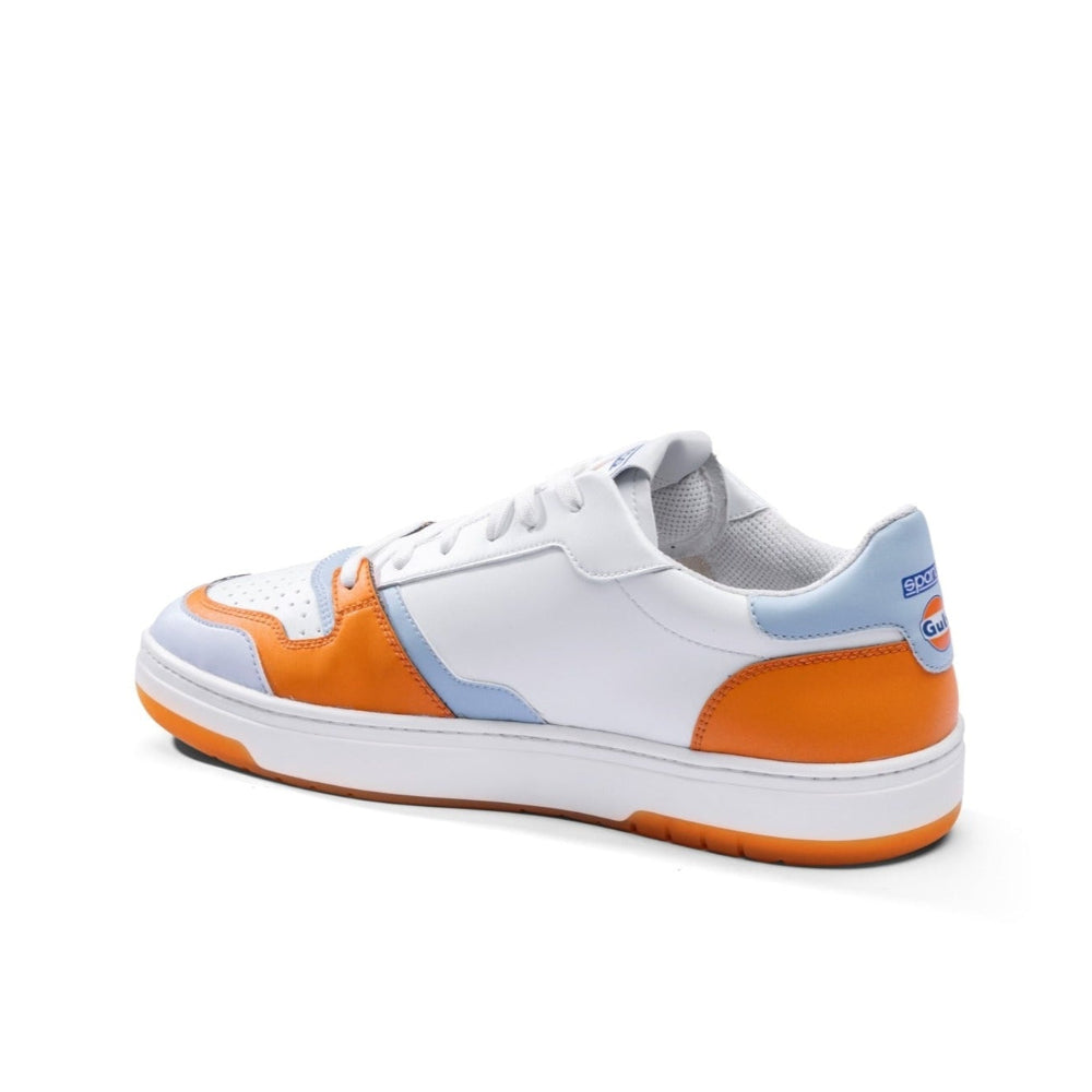 Left-rear angle of Sparco Gulf S-Urban casual shoe in white, orange, and light-blue Gulf livery-image
