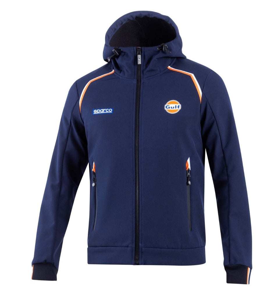 Front view of Sparco x Gulf SL Hooded Softshell in navy blue, showing Gulf and Sparco logos, magnetic neck closure, and zippered hand pockets.-image