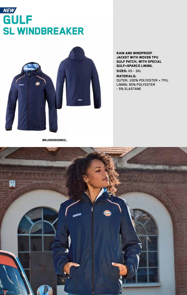 Sparco Gulf SL Windbreaker shown on model and product display, featuring navy water-resistant jacket with Gulf patch and Sparco branding
