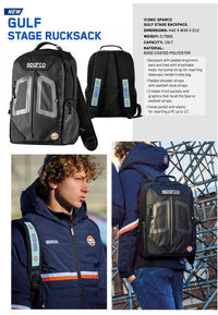 Thumbnail for Explore the Sparco Gulf Stage Backpack in this lifestyle image—featuring racing-style seatbelt straps, ergonomic design, and iconic Gulf branding, perfect for motorsport fans and everyday use.