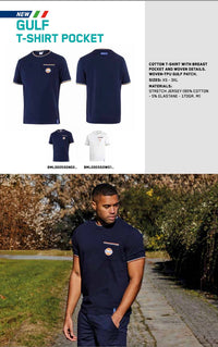 Thumbnail for Sparco Gulf T-Shirt with chest pocket and Gulf logo in navy and white, shown front and back with lifestyle image of model outdoors