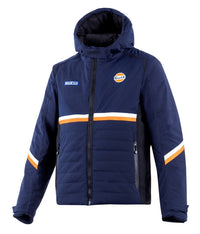 Thumbnail for Front view of Sparco Gulf Winter Jacket in navy blue with insulated hood, Gulf stripes, and zip closure