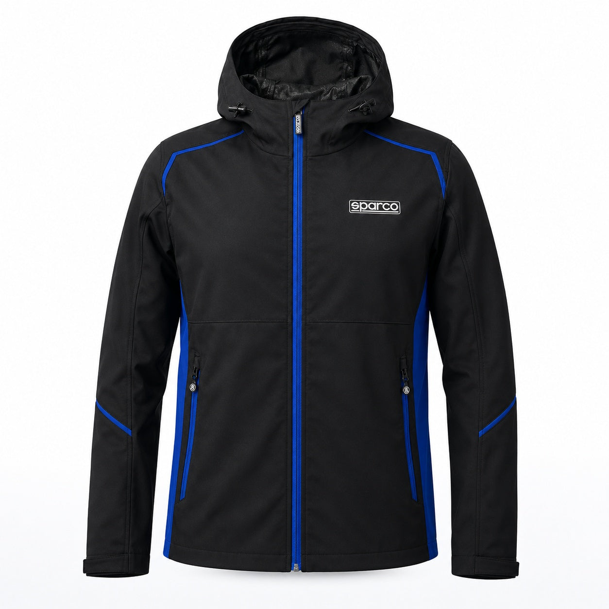 Sparco Hooded Softshell Jacket black and blue front view