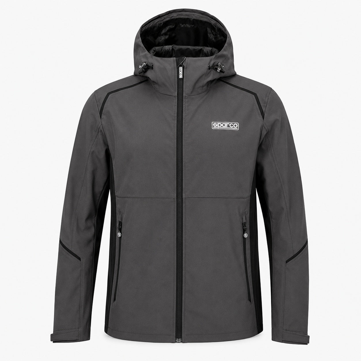 Sparco Hooded Softshell Jacket grey and black front view
