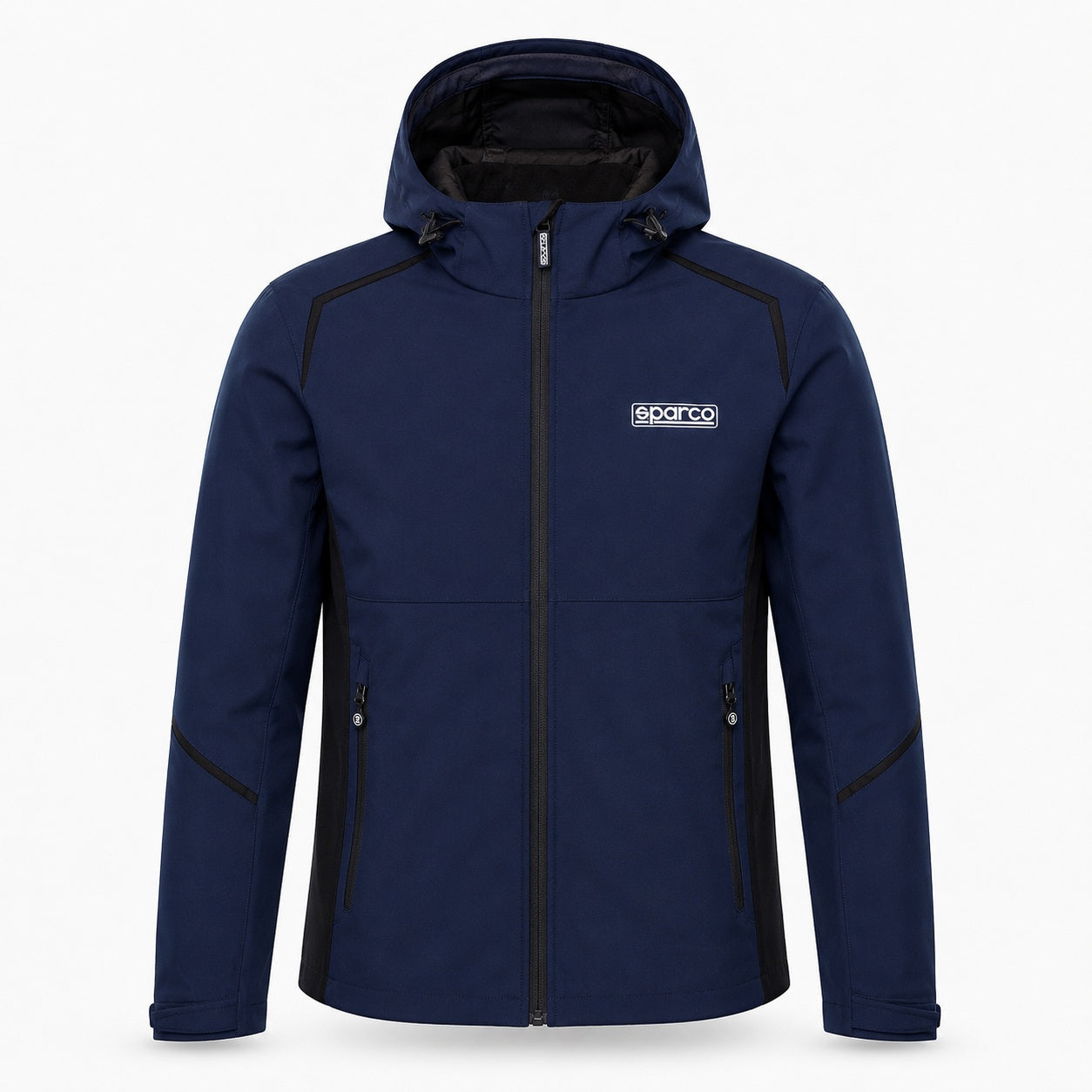 Sparco Hooded Softshell Jacket navy and black front view
