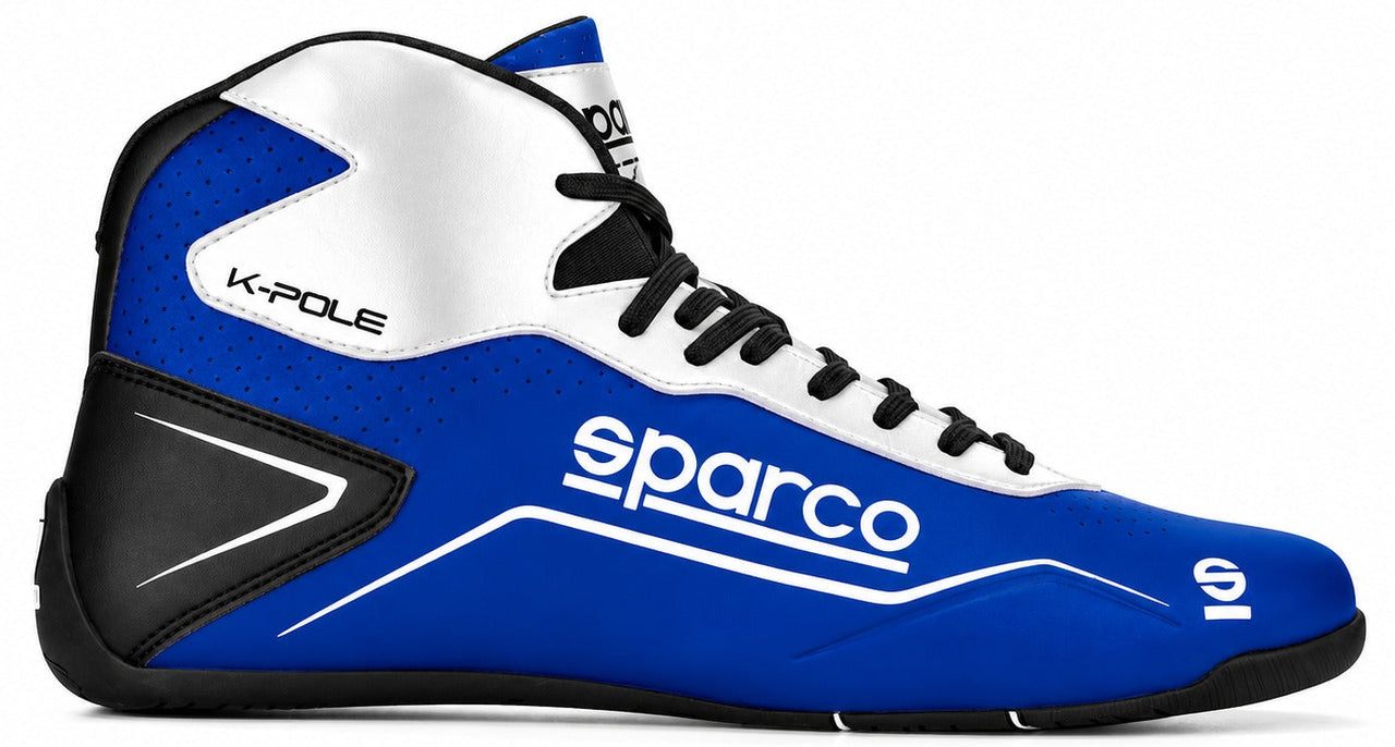Sparco K-Pole kart racing shoe in blue, white, and black side view on white background