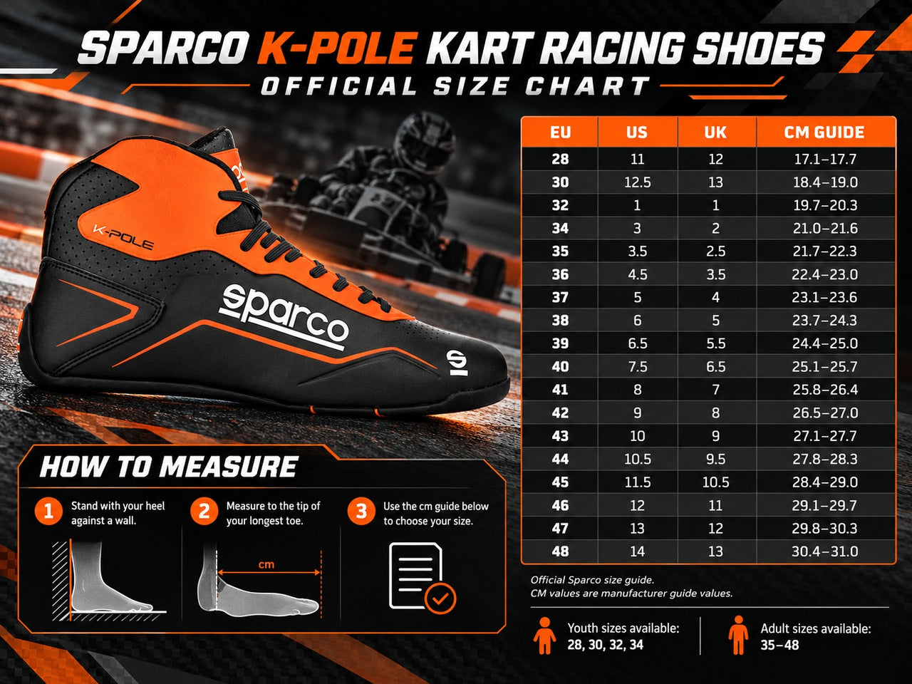 Official Sparco K-Pole kart racing shoes size chart and measurement guide. The graphic features a Sparco K-Pole racing shoe in black and orange on the left, a size conversion table on the right, and a step-by-step 'How to Measure' diagram at the bottom.