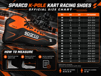 Thumbnail for Official Sparco K-Pole kart racing shoes size chart and measurement guide. The graphic features a Sparco K-Pole racing shoe in black and orange on the left, a size conversion table on the right, and a step-by-step 'How to Measure' diagram at the bottom.