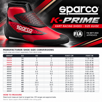 Thumbnail for Sparco K-Prime Kart Racing Shoes sizing chart featuring red and black karting shoes, youth and adult EU sizes, US and UK size conversions, foot measurements in centimeters and inches, and FIA 8877-2022 certification.