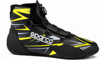 Thumbnail for Sparco K-Rapid kart racing shoe in navy and fluorescent yellow, shown in a straight right-facing side view on a white background.